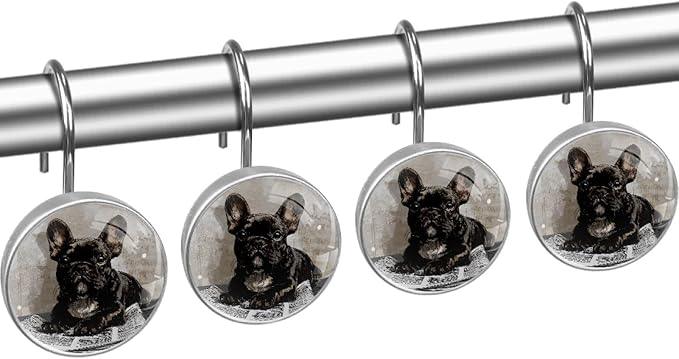French Bulldog Dog Shower Curtain Hooks Rings, Stainless Steel Rust Proof Shower Curtain Hooks, Decorative Shower Hooks for Bathroom Shower Rods Curtains, Set of 12 - ModernBath
