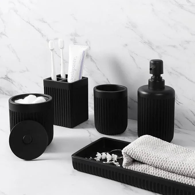 XLHOMO Resin Matte Black Bathroom Accessories Set 5 Pcs, Lotion Soap Dispenser, Toothbrush Holder, Bathroom Tumbler, Qtip Holder and Vanity Tray, Bathroom Countertop Organizer Set for Home Apartment - ModernBath