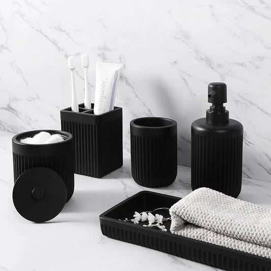 XLHOMO Resin Matte Black Bathroom Accessories Set 5 Pcs, Lotion Soap Dispenser, Toothbrush Holder, Bathroom Tumbler, Qtip Holder and Vanity Tray, Bathroom Countertop Organizer Set for Home Apartment - ModernBath