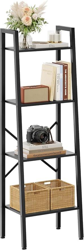 Hoctieon 4-Tier Industrial Ladder Bookshelf, Narrow Ladder Shelf, Tall Standing Bookshelf, Skinny Open Ladder Shelf, for Living Room, Home Office, Kitchen, Bedroom, Metal Frame, Black - ModernBath