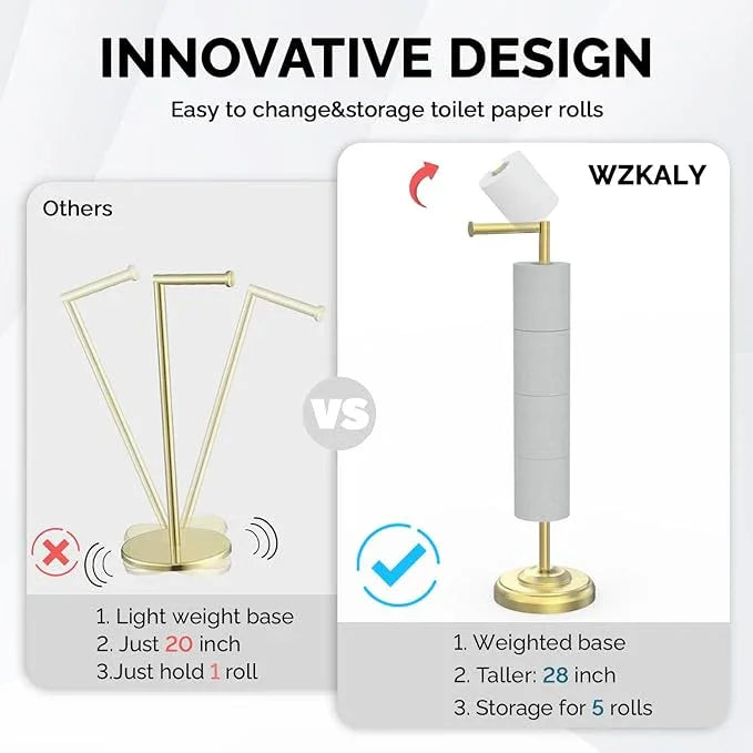 Freestanding Toilet Paper Holder Stand with Storage – Holds 4 Extra Rolls – Brushed Gold Toilet Paper Holder for Bathroom – Sturdy Base, Classic Retro Style, Space-Saving Bathroom Storage - ModernBath