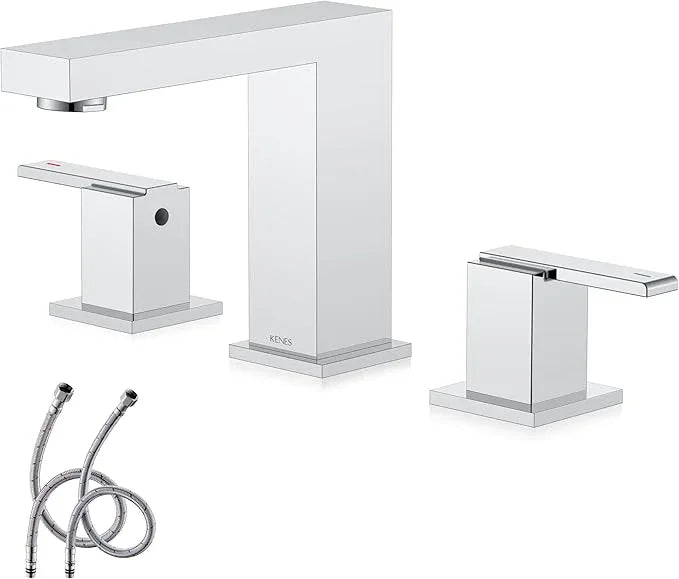 KENES Chrome Widespread Bathroom Faucet Two Handle Bathroom Sink Faucet, 8-Inch 3 Pieces Bathroom Vanity Faucet 3 Hole with Supply Lines, KE-9050-5 - ModernBath