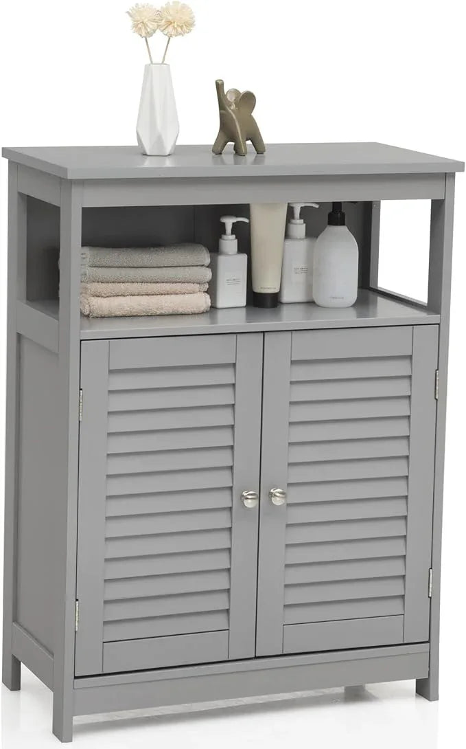 GLACER Bathroom Floor Cabinet, Wooden Storage Cabinet with Double Shutter Doors & 3-Position Adjustable Shelf, Side Storage Organizer Cabinet, 23.5 x 12 x 31.5 inches (Grey) - ModernBath