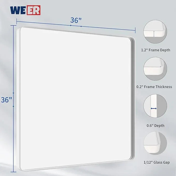 WEER White Bathroom Mirror 36X36 Inch, Rounded Rectangle White Metal Frame Mirror, Matte White Bathroom Vanity Mirror with Tempered Glass, Anti-Rust, Hangs Horizontally or Vertically - ModernBath