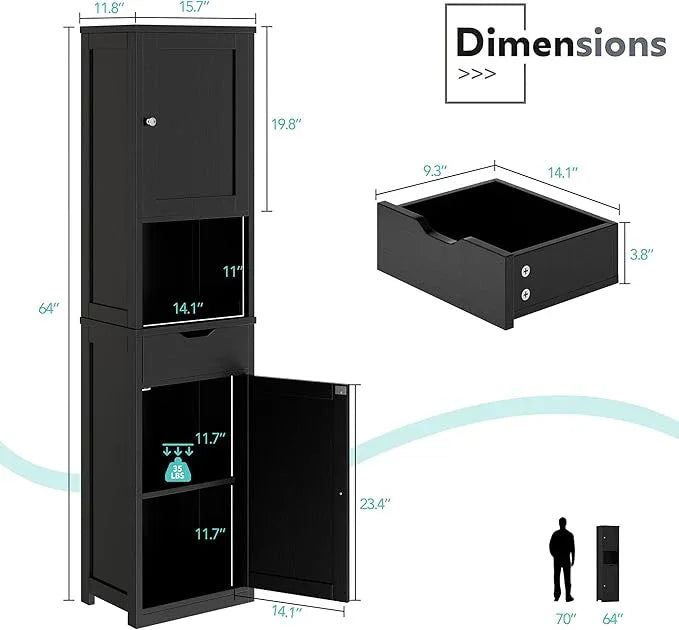 Vongrasig Tall Bathroom Storage Cabine, 64”H Freestanding Storage Pantry Cabinet, Narrow Cabinet with Adjustable Shelves, Open compartments for Small Spaces, Bathroom, Living Room, Kitchen, Black - ModernBath
