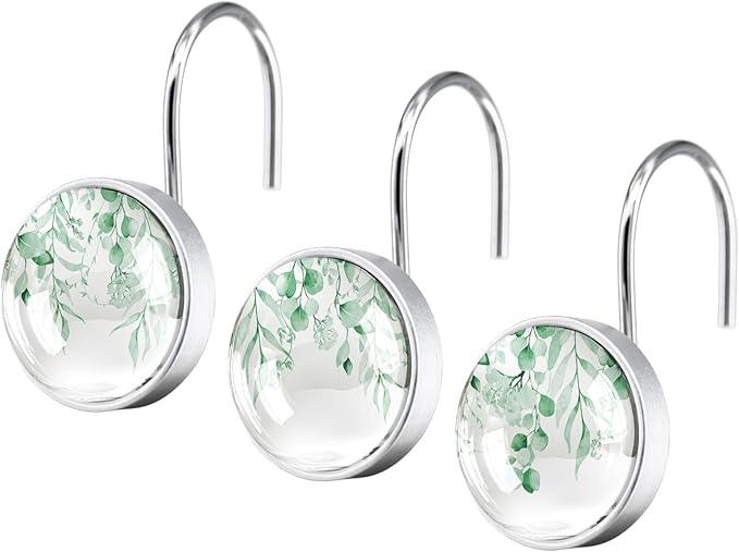 12 Pcs Mint Green Eucalyptus Decorative Shower Curtain Hooks - Rustic Stainless Steel Round Resin Shower Rings Hangers for Bathroom Rods Decor - ModernBath