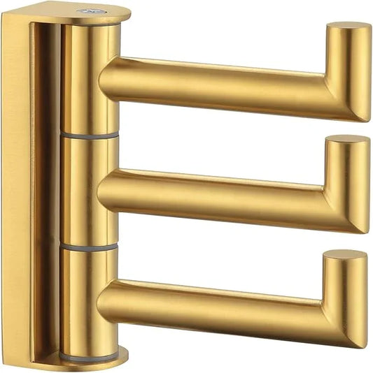 APLusee Swivel Towel Hook, 304 Stainless Steel Foldable Clothes Hook with Multi Three Rotating Arm, Flexible Bathroom Kitchen Storage Hanger Wall Mounted, Brushed Gold - ModernBath