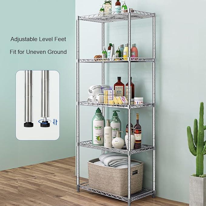 5 Tier Wire Shelving Unit, Height Adjustable Wire Shelves with NSF Certified, Narrow Metal Storage Rack Shelf Unit for Kitchen, Laundry, Bathroom, Pantry, Closet (18"D x 21.5"W x 71"H, Chrome) - ModernBath
