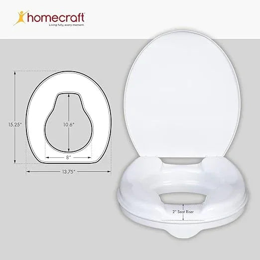 Homecraft Savanah Raised Toilet Seat with Lid, 2" Elevated Seat for Seniors, Universal Fit for Most Standard Toilets, Portable & Tool-Free, Seat Riser, Ergonomic Design, White - ModernBath