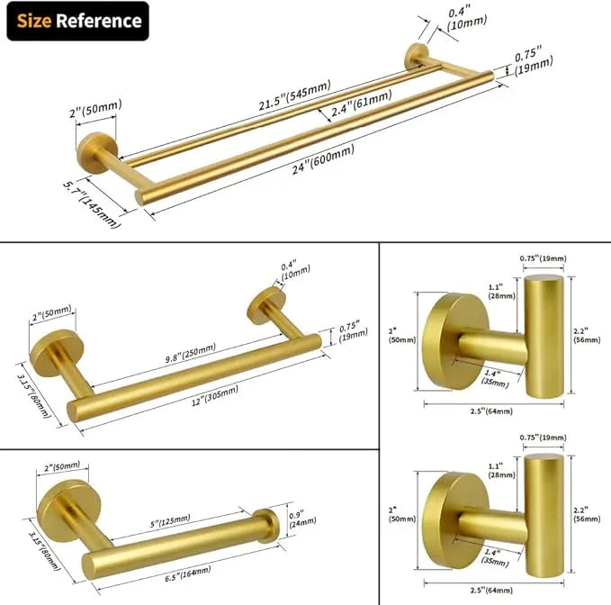 Gold 5-Pieces Bathroom Hardware Set Wall Mounted - Includes 24" Double Towel Bar, 12" Hand Towel Bar, Toilet Paper Holder, 2X Robe Towel Hooks - ModernBath