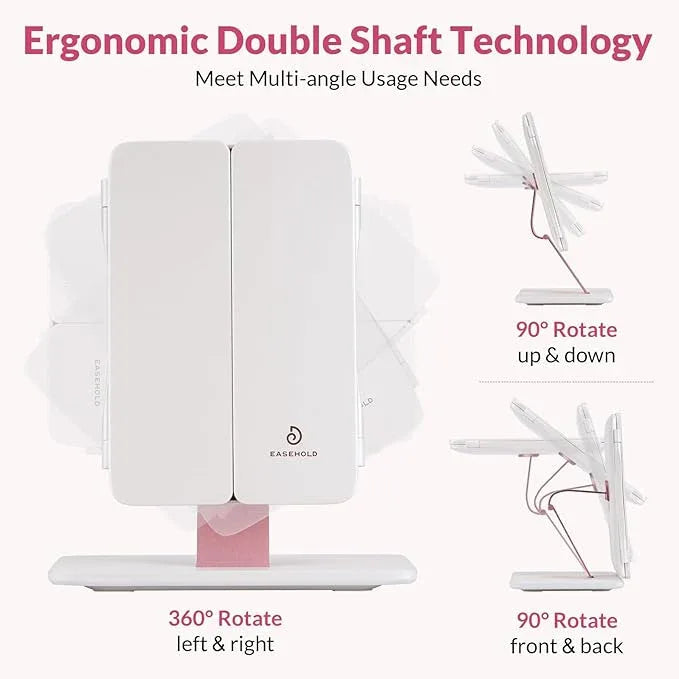 EASEHOLD Foldable Tri-Fold Lighted Makeup Vanity Mirror with 60 LED Lights, 1X/2X/3X Magnification, Touch Control Dimming, 3000mah Rechargeable, 360° Rotation, Portable Travel Folding Compact Mirror - ModernBath