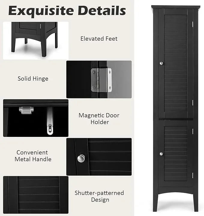 Giantex Storage Cabinet Bathroom High Cabinet with 5 Tier Shelves, Freestanding Slim Cabinet, Tall Organizer for Bathroom, Kitchen, Living Room, Linen Tower Narrow Floor Cabinet (Black) - ModernBath