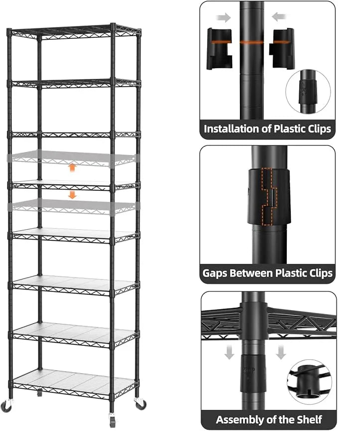 SINGAYE 8 Tier Shelf Organizer Storage Metal Shelves Garage Wire Shelving Unit Pantry Rack Adjustable Standing Storage for Kitchen Closet Laundry Bathroom Pantry 12" D x 22" W x 74" H Black - ModernBath