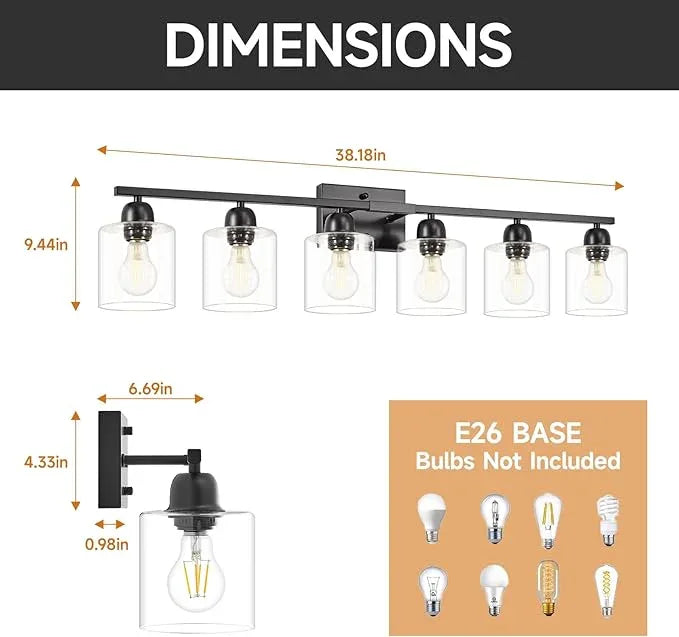 Bath Vanity Lights For Mirror, Restroom Lights Fixtures With Milky White Frosted Glass Shades,Bathroom Over Sink Light Fixtures, Bathroom Light Fixtures Over Mirror (Black with clear glass, 6-Light) - ModernBath
