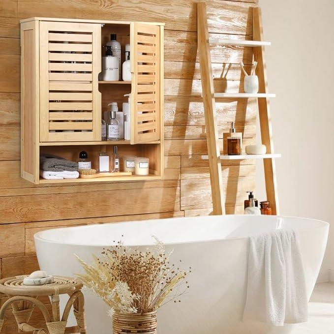 HYNAWIN Bathroom Wall-Mounted Medicine Cabinet - Over-The-Toilet Floating Bamboo Storage Organizer with Adjustable Shelf, Space-Saving for Kitchen, and Living Room - ModernBath
