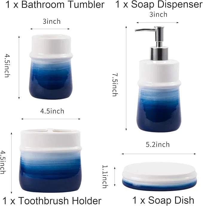 RZCNC Navy Blue Bathroom Accessories Set, 4-Piece Blue Ceramic Bathroom Decorations Accessories Set,Contain Toothbrush Cup,Soap Dispenser,Soap Dish,Tumbler - ModernBath