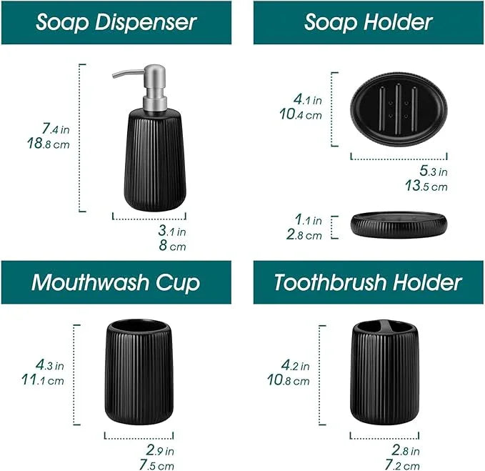 vancasso Ceramic Bathroom Accessories Set 4 Piece, Soap Dispenser with Stainless Steel Pump, Toothbrush Holder, Tumbler and Soap Dish, Modern Relief Design, Bathroom Decor Organizer, Black - ModernBath