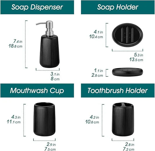 vancasso Ceramic Bathroom Accessories Set 4 Piece, Soap Dispenser with Stainless Steel Pump, Toothbrush Holder, Tumbler and Soap Dish, Modern Relief Design, Bathroom Decor Organizer, Black - ModernBath