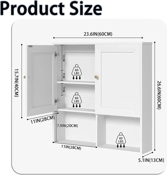 Bathroom Wall Cabinet, Medicine Cabinet with 2 Door and Adjustable Shelves,3-Tier Wood Hanging Storage Over The Toilet,White Wall Mounted Cabinet for Bathroom, Kitchen,Laundry Room - ModernBath