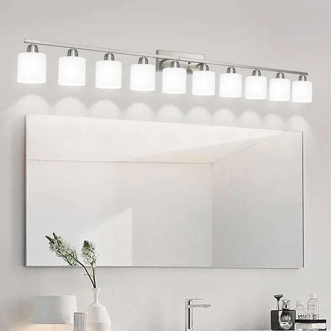 Brushed Nickel Bathroom Vanity Light for Giant Mirror, 10 Light Brushed Nickel Vanity Lights, 65 inch Wall Lamps for Bedroom for Mirrors with Milky White Frosted Glass Shades, E26 - ModernBath