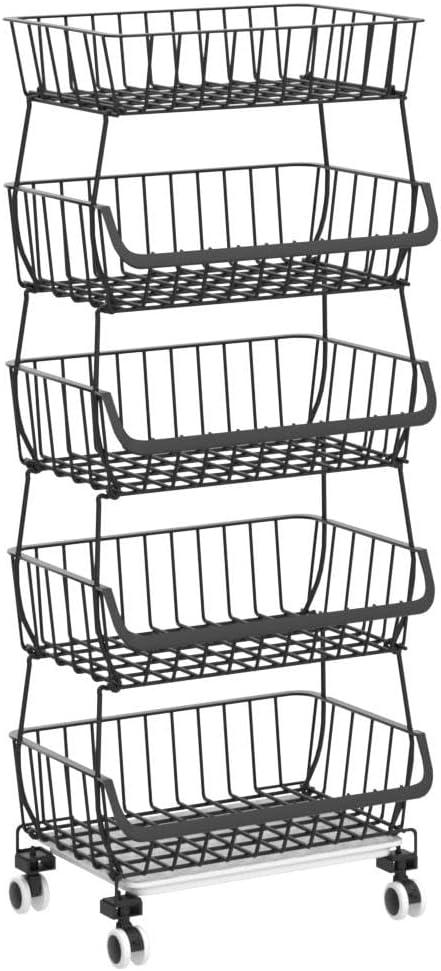 Metal Wire Baskets with Wheels, Stackable Storage Bins Kitchen Organizer Shelf 3-4-5-6 Tier Fruit Vegetable Cart Dishes Seasonal Rack Shelves for Garage, Pantry, Bathroom and Produce holder - ModernBath