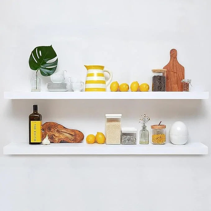 Homeforia Floating White Shelf 60 inches, High End Solid Real Wood 60inch Long Floating Shelves for Wall Mounted, White Wooden 60in Floating Shelves, Heavy Duty Bracket, 60 X 6.5 X 1.75 inch, Set of 2 - ModernBath