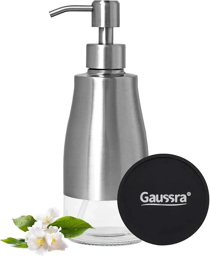 Gaussra Soap Dispenser with Coaster and Stickers, Brushed Nickel Stainless Steel Case Glass Liner Hand Pump Dispenser, Refillable Liquid Hand Soap Dispenser for Bathroom & Kitchen (11OZ / 320ML) - ModernBath