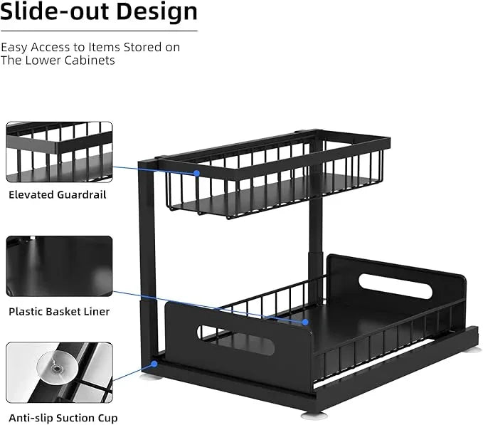 2-Tier Under Sink Slide Out Organizer, Pull Out Cabinet Storage Shelf with Sliding Wire Basket Drawer for Bathroom Kitchen, Countertop or Pantry Shelf, Black - ModernBath
