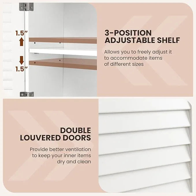 Tangkula Wall Mounted Bathroom Cabinet with Open Shelf & Bar, Medicine Cabinet with Double Louvered Doors, Wall Storage Cabinet with Adjustable Shelf, for Bathroom Living Room Kitchen (White) - ModernBath