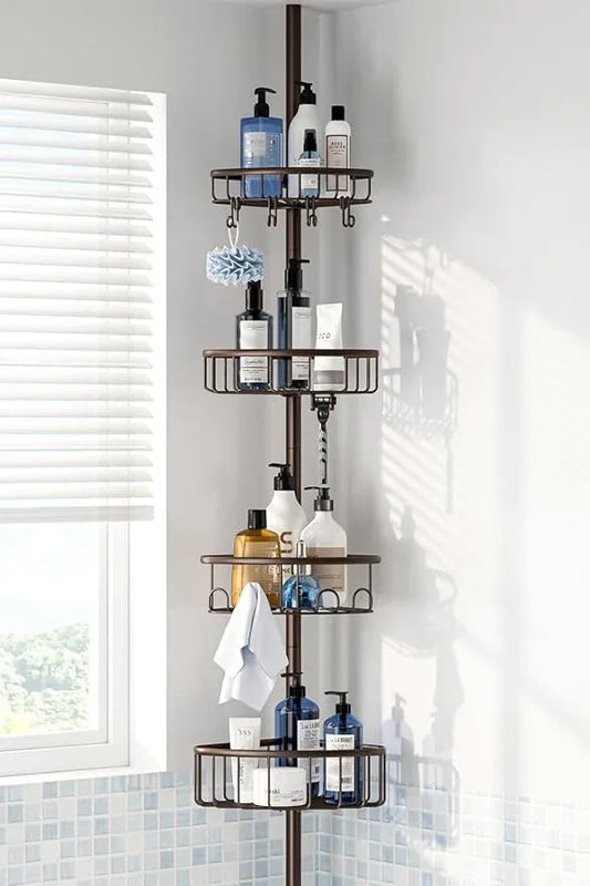 Corner Shower Caddy Tension Pole: Stainless Steel Rustproof 4-Tier Shower Organizer - 47-121 inch Adjustable Bathroom Shelves for Bathtub Shampoo Storage - Tension Rod Floor Standing Bath Rack -Bronze - ModernBath