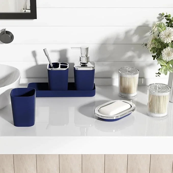 XLHOMO Navy Blue Bathroom Accessories Set, 9-Piece Plastic Gift Set with Trash Can, Toothbrush Holder, Toothbrush Cup, Soap Dispenser, Soap Dish, Toilet Brush Holder,2 Qtip Holder Dispensers and Tray - ModernBath
