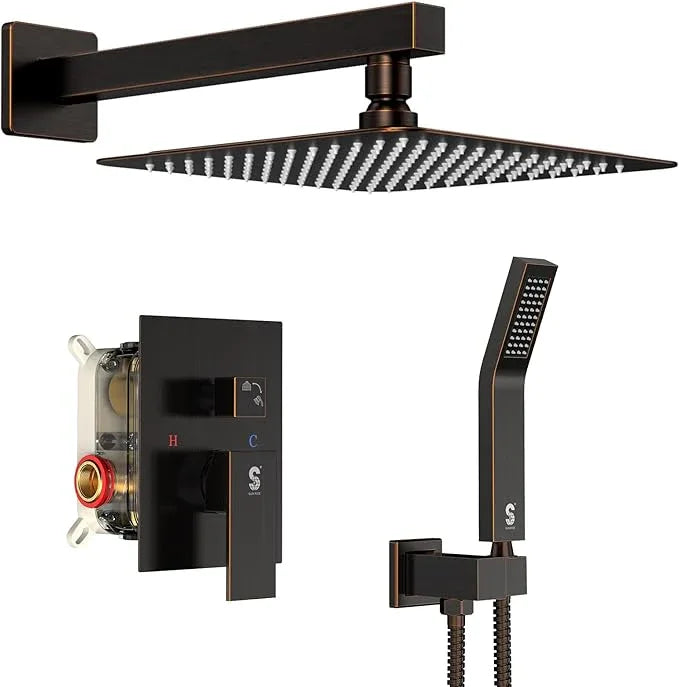 SR SUN RISE Oil Rubbed Bronze Shower System 12 Inches Brass Bathroom Luxury Rain Mixer Shower Combo Set Wall Mounted Rainfall Shower Head System Shower Faucet Rough-in Valve Body and Trim Included - ModernBath