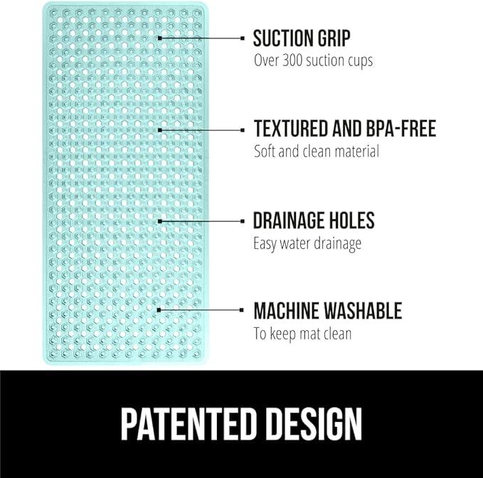 GORILLA GRIP Patented Bath Tub Shower Mat, Machine Washable Bathtub Floor Liner Mats, Suction Cups and Drain Holes to Keep Tubs Clean, Soft on Feet, Bathroom Essentials, 35x16 Inch, Clear Green - ModernBath