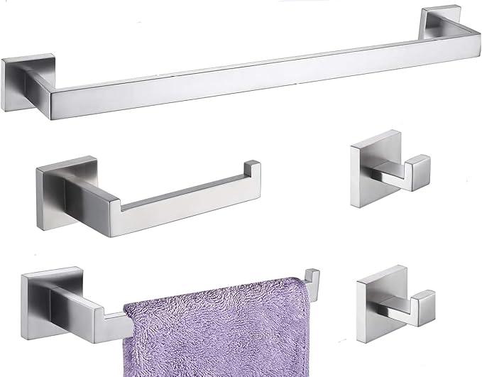 Bathroom Hardware Set 5 Piece Brushed Nickel Bathroom Accessories Set SUS304 Towel Bar Set Includes Towel Bar 24 Inch+Towel Holder+Toilet Paper Holder+Towel Hook (5, Brush Nickel) - ModernBath