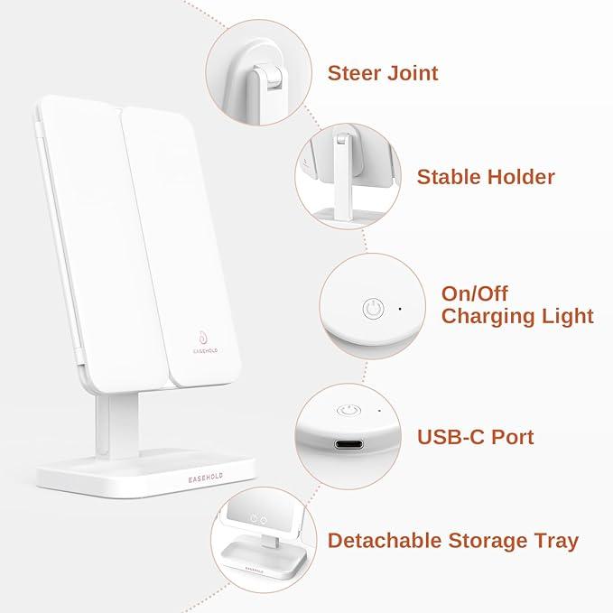 EASEHOLD Lighted Makeup Mirror with 3X Magnification, 3 Color Lights & Touch Sensor - Rechargeable Trifold Vanity Mirror for Travel, Desk, Home Use - ModernBath
