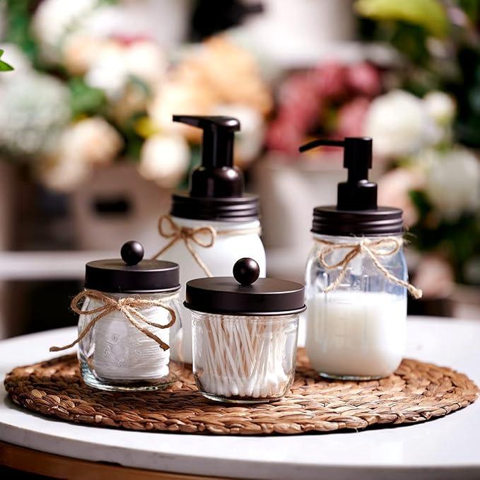 Amolliar Mason Jar Bathroom Accessories Set 4 Pack - Foaming Soap Dispenser&2 Qtip Holders&Toothbrush Holder-Rustic Farmhouse Decor Bathroom Organizer Apothecary Jar Country Countertop (Bronze) - ModernBath