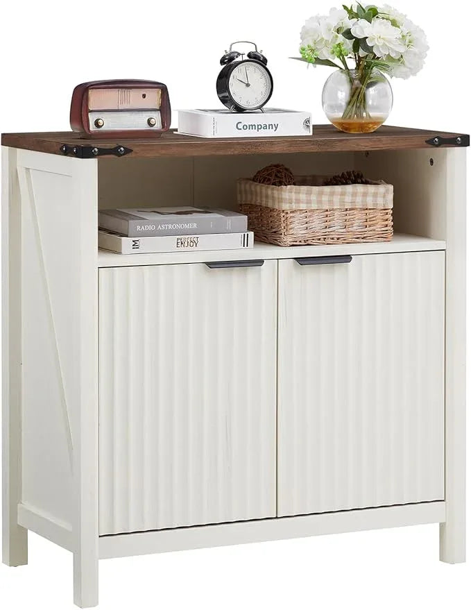 Buffet Cabinet with Storage - Modern Farmhouse Rustic 32 Fluted Sideboard Storage Cabinet Buffet with Adjustable Shelves, Coffee Wine Bar Organizer for Dining Room (Antique White) - ModernBath