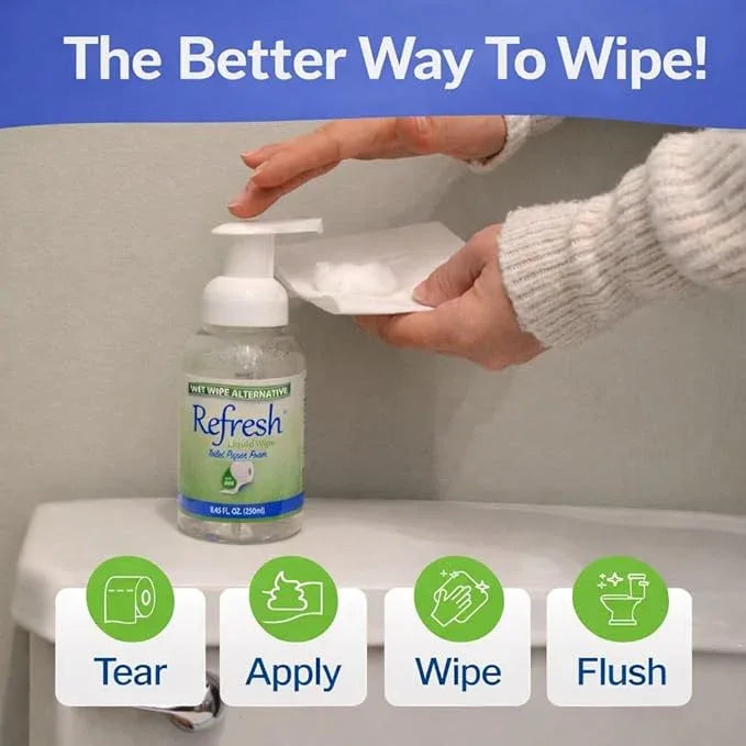 Refresh Liquid Wipe Toilet Paper Foam – Eco-Friendly Flushable Wet Wipe Alternative, Cleanses & Soothes with Witch Hazel & Aloe, Septic & Plumbing Safe, 250ml (8.45 oz) (1 Pack) - ModernBath