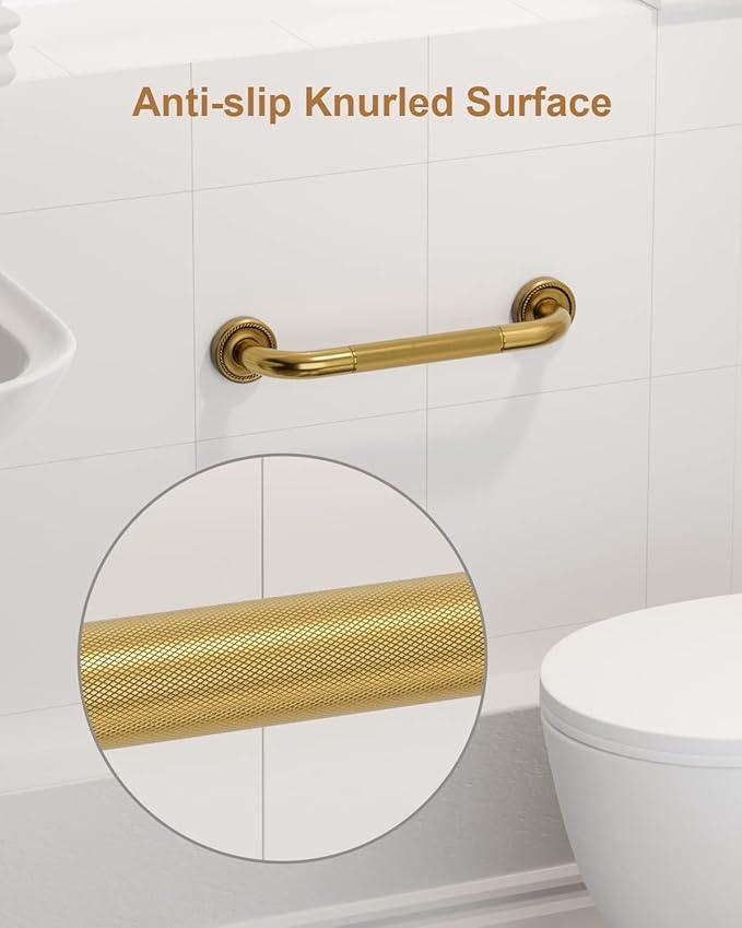 12 Inch Bronze Shower Grab Bar Gold, Munzong Antique Brass Bathroom Grab Bar w/Anti-Slip Knurled Grip, Bathroom Balance Bar, Safety Bath Handrail Support, Handicap Injury Elderly Senior Assist Handle - ModernBath