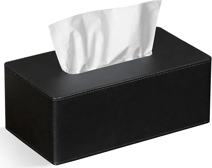 GOLRANLYE Tissue Box Cover Rectangular 9.8"(L) x 5.3"(W) x 4.3"(H) Refined Modern PU Leather Facial Tissue Dispenser Box Holder for Dresser Bathroom Decorative (Black) - ModernBath