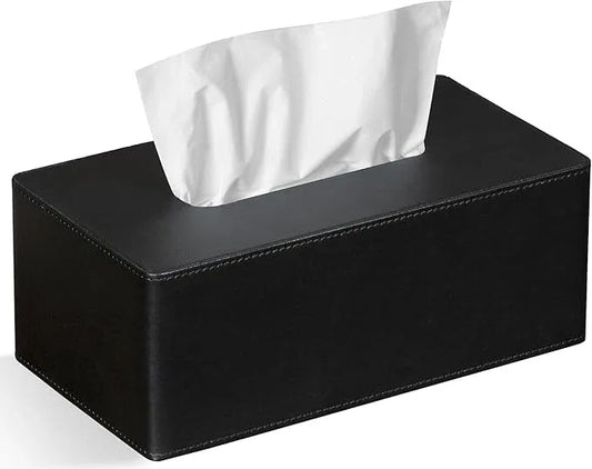GOLRANLYE Tissue Box Cover Rectangular 9.8"(L) x 5.3"(W) x 4.3"(H) Refined Modern PU Leather Facial Tissue Dispenser Box Holder for Dresser Bathroom Decorative (Black) - ModernBath