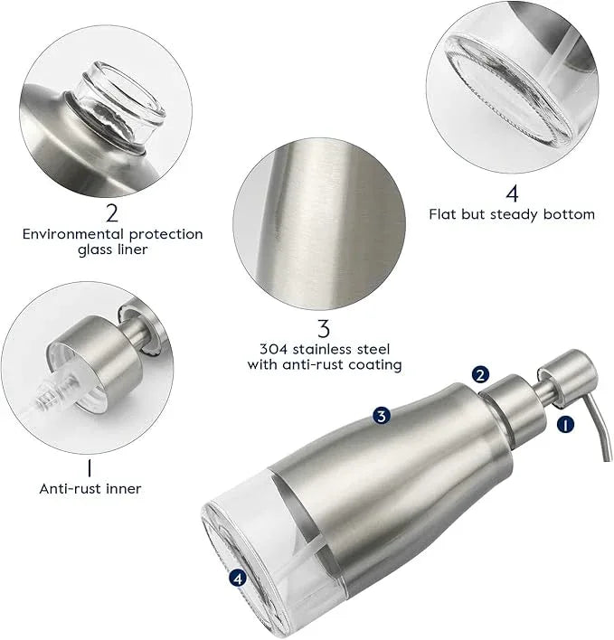 Gaussra 2 Pack Soap Dispenser with Coaster and Stickers, Stainless Steel Case Glass Liner Hand Pump Dispenser, Refillable Liquid Hand Soap Dispenser for Bathroom & Kitchen - Brushed Nickel - ModernBath