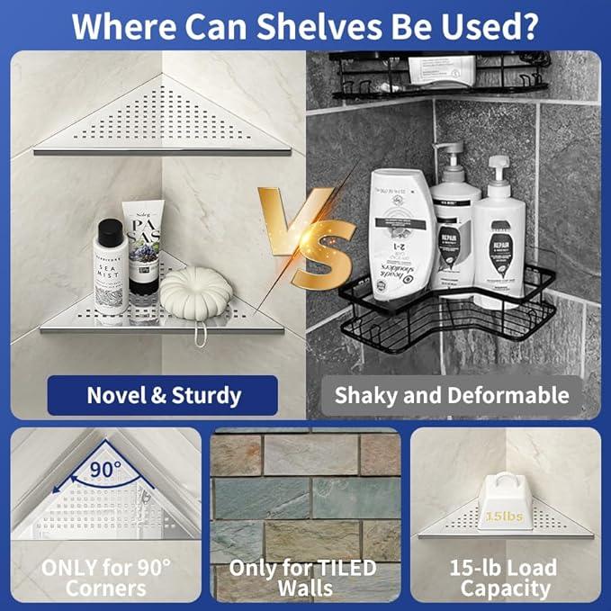 Corner Shower Shelf, 10" Polished 304 Stainless Steel Recessed Shelves for Bathroom, Grout in Shelf Racks for Tiled Wall, 2 Pack - ModernBath