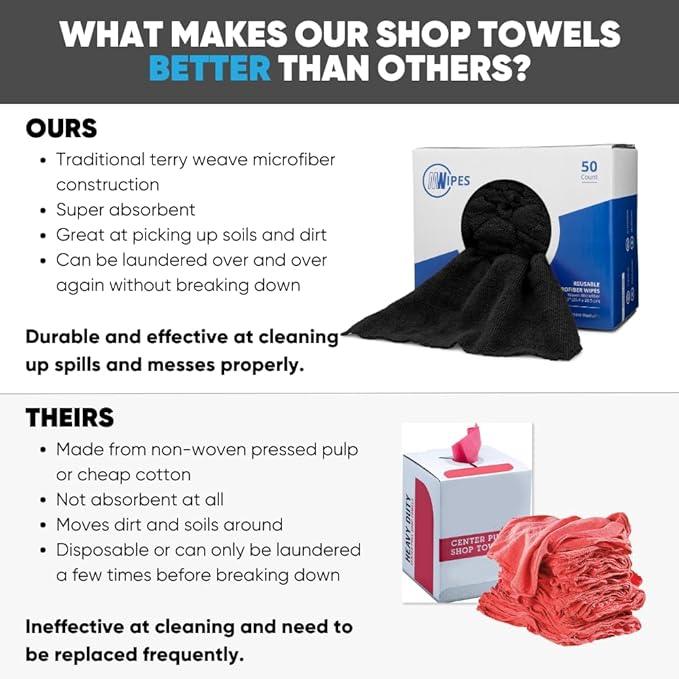 Black Microfiber Shop Towels | MWipes Reusable Shop Rags | 50 Rags in a Box | Super Absorbent, Machine Washable Hundreds of Times | Automotive, Paint, Industrial, Detailing - ModernBath
