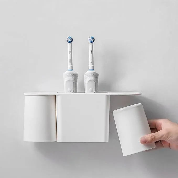FLAUVEL Wall-Mounted Toothbrush and Toothpaste Holder - Self-Draining Design, Easy Installation, Space-Saving, White (Double - Two Magnetic Cups) - ModernBath