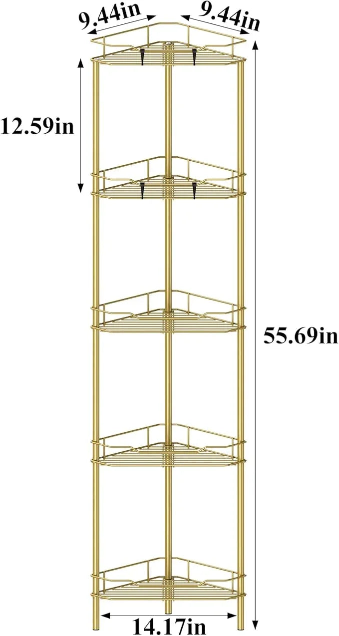 5 Tier Floor Standing Corner Shower Caddy Organizer Shelf with Hooks, Bathroom Shelves Stand Rack, Gold - ModernBath