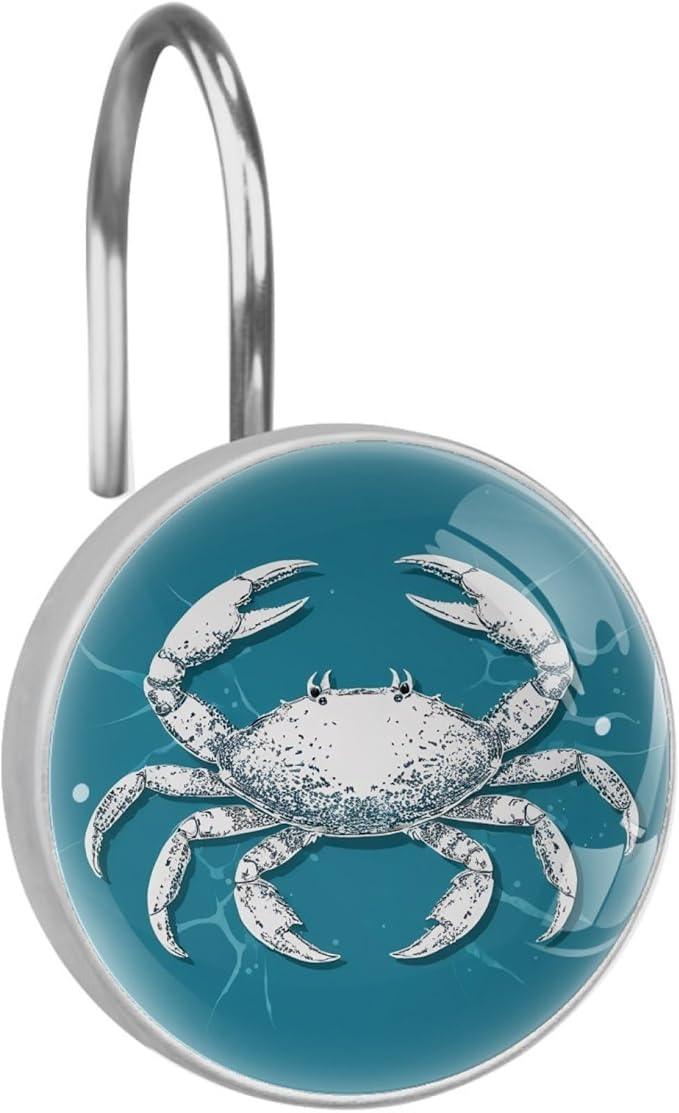 Nautical Abstract Crab Shower Curtain Hooks 12Pcs, Decorative Rust Resistant Shower Rings for Shower Curtain Rods, Stainless Steel Round Curtain Hooks for Bathroom, Bedroom, Farmhouse - ModernBath
