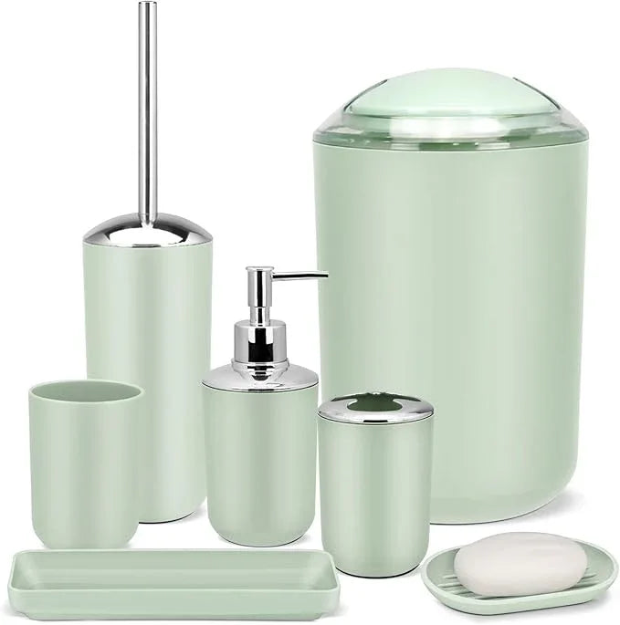 IMAVO Bathroom Accessories Set,Green Bathroom Set,7 Pieces Bathroom Accessory Set,Tray,Toilet Brush,Trash Can for Bathroom Décor and Housewarming Gifts - ModernBath