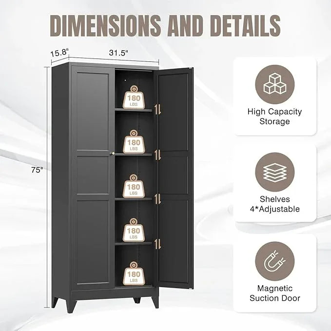 Yizosh Metal Pantry Cabinet, 75" Kitchen Pantry with 2 Door and 4 Adjustable Shelves,Black Metal Pantry Storage Cabinet,Cupboard for Kitchen,Dining Room,Living Room and Bathroom - ModernBath