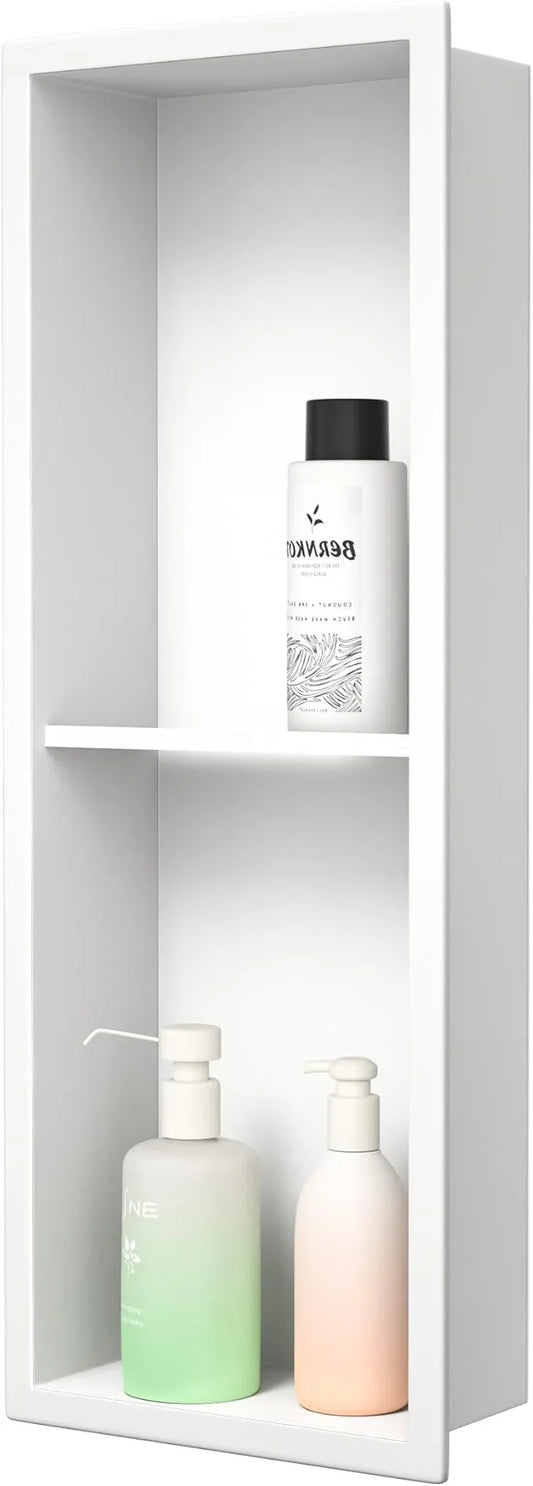 Stainless Steel Shower Niche 8"×24" White Double Shelves No Tiled Needed Niche Shower for Wall Recessed Shower Shelf for Bathroom Storage - ModernBath
